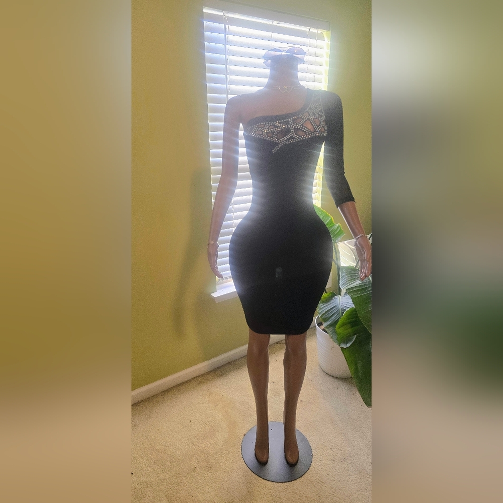 Symphony Black One Shoulder Dress with Rhinestone Accents